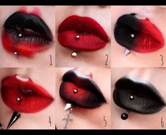 Almond Gel Nails Black Goth Makeup, Black And Red Makeup, Black Lipstick Makeup, Trad Goth Makeup, Goth Eye Makeup, Almond Gel Nails, Red Goth, Vertical Labret, Creepy Halloween Makeup