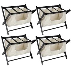 four black and white dog beds with storage compartments