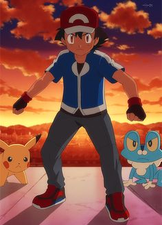 an anime character is standing in front of two pokemons and one has his arms out