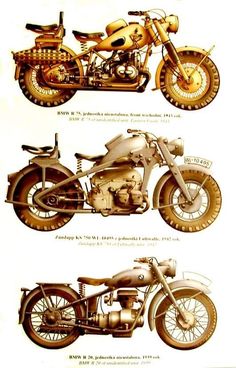 three different types of motorcycles are shown in this drawing, one is gold and the other is silver