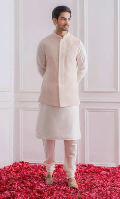 Ankit V Kapoor | Powder Pink Nehru Jacket With Kurta And Churidaar | INDIASPOPUP.COM Nehru Jacket For Men, Blouse Yoke, Sequence Embroidery, Nehru Jacket, Nehru Jackets, Bespoke Tailoring, Indian Fashion Designers, Satin Color