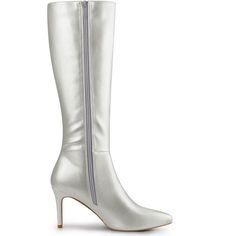 These women's stiletto-heel knee-high boots feature a pointy toe, high heels, and a soft faux leather upper that is versatile and comfortable. They are finished with a cushioned insole, soft interior lining, and a side zipper closure for easy on and off. Add a touch of style to your daily outfits to keep your legs looking long and attractive and keep you warm this season. Boots Silver, Heel Knee High Boots, Womens Stilettos, Closed Toe Shoes, Faux Leather Heels, High Heels Stilettos, Halloween Women, Versatile Style, Stiletto Heel