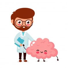 a cartoon character holding a clipboard next to a brain