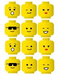 many yellow legos with different faces and eyes are arranged in the shape of heads