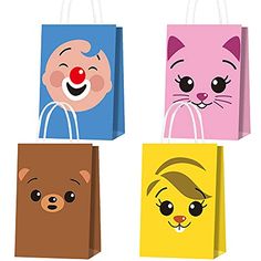 four bags with cartoon animals on them and one has a clown nose, the other has a cat's head