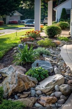 a rock garden in front of a house