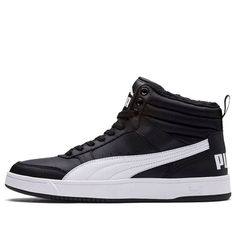 (WMNS) PUMA Rebound Street V2 Fur 'Black White' 363717-05 (SNKR/Skate/Mid Top/Women's) Puma High Tops, Air Sports, Fur Sneakers, Pack Design, Puma Suede, Puma Women, Mode Online, Stylish Sneakers, Wedge Sneaker