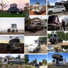 there are many pictures of different vehicles in this collage, including trucks and campers