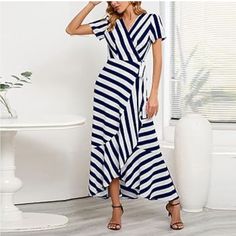 Beautiful, Easy, Breezy Summer Wrap Dress With Nautical Vibes. Comfortable, Adjustable Fit. Dress Up/Dress Down. Sd Top Rated Posh Ambassador Fast Shipping Striped Button-up Summer Dresses, Summer Wrap Dress, Striped Relaxed Fit Button-up Dress, Striped Cotton Button-up Dresses, Striped Beach Maxi Dress, Lined, Beach Dresses With Vertical Stripes And V-neck, Summer Wraps, Fit Dress, Easy Breezy