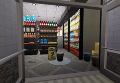 an image of a grocery store with sodas and drinks on the shelves in it