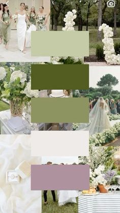 a collage of wedding photos with flowers and greenery