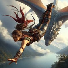 a woman flying through the air next to a large dragon in front of a body of water