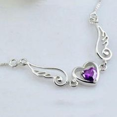 Angel Wings with Heart Stone Necklace Purple Sterling Silver Necklace For Mother's Day, Mother's Day Purple Sterling Silver Necklace, Silver Heart Necklace With Clavicle Chain For Mom, Purple Sterling Silver Necklaces For Valentine's Day, Heart Stone Necklace, Make Her Smile, Clear Stone, Stone Heart, Men Necklace