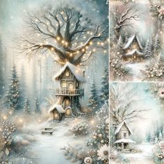 this is an image of a winter scene with a tree house and lights on it