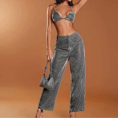 Sparkle Two Piece Set. Bra Top And Wide Leg Pants. Top Is Adjustable. Brand New Affordable Mid-rise Beige Cargo Pants, Silver Shimmer Bottoms For Party, Silver Shimmer Pants For Party, Glamorous Metallic Silver Bottoms For Night Out, Glamorous Silver Shimmer Bottoms, Silver Shimmer Party Pants, Party Silver Shimmer Bottoms, Silver Shimmer Party Bottoms, Glamorous High Waist Silver Pants