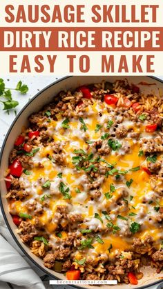 sausage skillet with rice and cheese in a pan