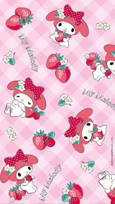 a pink wallpaper with many pictures of dogs and strawberries