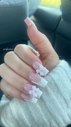 Latina Nails Medium Length, White Coquette Nails, Bow Nail Designs, Princess Nails, Girly Acrylic, Nagel Tips, Summery Nails