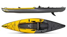 an inflatable kayak is shown next to a smaller kayak