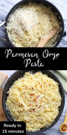 two pictures showing how to make parmesan orzo pasta in one pan and then the same