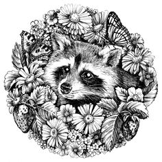 a drawing of a raccoon surrounded by flowers and butterflies