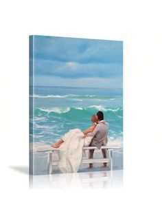 a painting of a couple sitting on a bench looking out at the ocean and waves