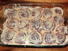 a casserole dish filled with cinnamon rolls