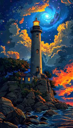 a painting of a lighthouse in the ocean at night