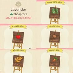 an animal crossing game poster with the names and symbols for each character, including carrots,