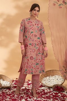 Pink kota silk kurta with all over floral embroidery. Paired with a pant and dupatta. - Aza Fashions Fitted Silk Sets With Multicolor Embroidery, Silk Set With Multicolor Resham Embroidery, Silk Sets With Multicolor Resham Embroidery, Silk Sets With Multicolor Embroidery In Straight Kurta Style, Silk Sets With Multicolor Embroidery And Straight Kurta, Festive Silk Palazzo Set With Floral Embroidery, Silk Sets With Floral Embroidery For Reception, Designer Silk Salwar Kameez With Floral Embroidery, Silk Salwar Kameez With Floral Embroidery For Designer Wear