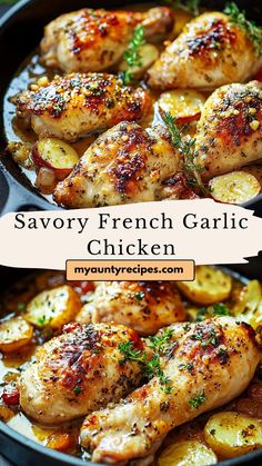 savory french garlic chicken with potatoes in a skillet