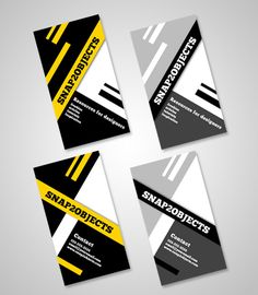 four different business cards with yellow and black stripes on the front, one is for snap projects