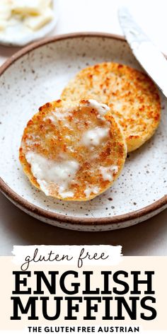 two english muffins on a plate with the title gluten free english muffins