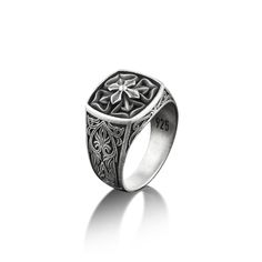 Lotus Floral Cross Mens Ring in Silver, Victorian Style Floral Pinky Signet Ring in Sterling Silver, Flower Ring with Leaf Motifs, Male Ring This lovely Floral cross signet ring is perfect for daily wear. It is crafted from fine 925K silver and has the most intricate details that are sure to catch the eye of anyone who sees it. Handcrafted with love and joy, this ring will be with you for years to come, possibly even taking its place as a family heirloom for generations to come! With its detaile Male Ring, Pinky Signet Ring, Silver Flower Ring, Victorian Ring, Mens Crosses, Floral Cross, Victorian Rings, Mens Ring, Family Heirloom