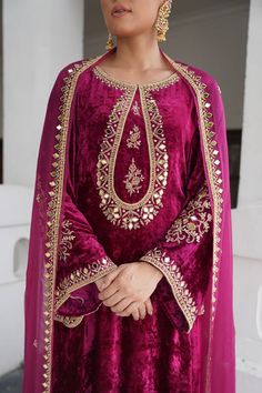 Buy Pink Kurta Silk Velvet Embroidered Zardosi Round Floral Pant Set For Women by Gul By Aishwarya Online at Aza Fashions. Collar Kurti Design, Pink Kurta, Flowers Quotes, Lehenga Style, Velvet Dresses, Dress Design Patterns