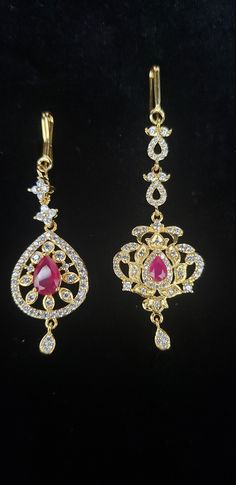 "Handmade Indian Temple Jewelry, best to wear it for traditional ceremonies or Indian wedding. This bridal jewelry has an ethnic finish. It has Cubic Zircon stones with ruby and emeralds. It is a Bollywood style one gram jewelry. There are long and short patterns of Indian jewelry in Kundan, Pearls, CZ, American Diamond, ruby, emerald, Polki, kemp to suit every occasion of South Indian and North Indian weddings. When you adorn mang tikka on your forehead, it will bring out the real beauty of an Ethnic Hair, Mang Tikka, Matha Patti, Temple Jewelry, Indian Temple, Maang Tikka, Bollywood Style, Pakistani Jewelry, Ruby Emerald