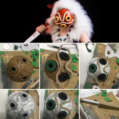 a collage of photos showing different stages of making masks