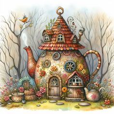 a painting of a teapot house surrounded by flowers