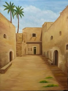 an oil painting of a street with palm trees in the background and buildings on either side