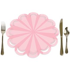 a pink paper plate and silverware on a white background