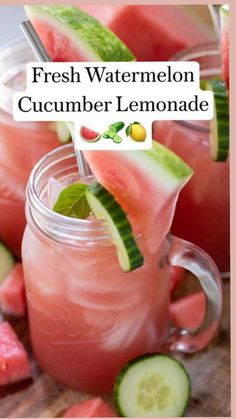 fresh watermelon cucumber lemonade is garnished with mint and lime