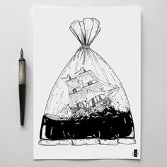 a black and white drawing of a ship in a bag on top of a table