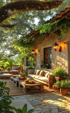 an outdoor living area with couches and potted plants on the side of it