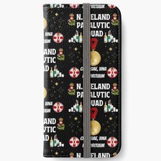 an iphone wallet case with the words iceland and other symbols on it, all over black