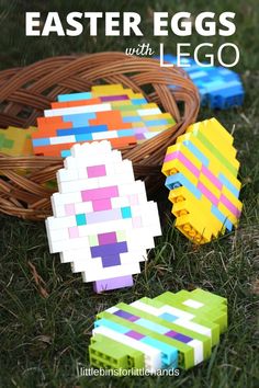 easter eggs made with legos on the grass in front of a basket full of eggs