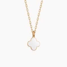 Colorful and pretty, our Personalized Enamel Clover Cross Necklace is a little token of luck to elevate any jewelry collection. This beautiful clover necklace is available in three eye-catching enamel colors. Each cross necklace be made into a lovely personalized gift by hand-engraving a special name onto the reverse of your charm.&nbsp;18K Champagne Gold Plated or 925 Sterling SilverCharm: 0.55x0.55&nbsp;Secure clasp fasteningCharms are removable from this chain and can be worn on all M White Necklace With Charms And Round Pendant, White Jewelry With Flower Pendant Charms, Elegant White Jewelry For Good Luck, Engraved Enamel Necklaces For Gifts, White Good Luck Charm Necklaces, Engraved Enamel Necklace For Gifts, White Charm Necklaces For Good Luck, Engraved Enamel Necklace For Gift, White Good Luck Charm Necklace