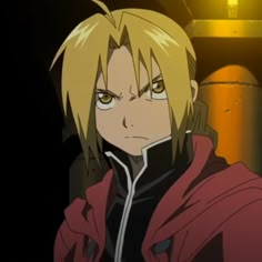 an anime character with blonde hair wearing a red jacket and black hoodie looking at the camera