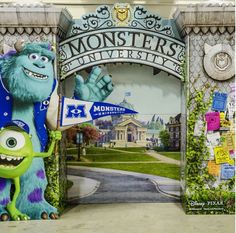 the monsters university entrance is decorated with paper cutouts