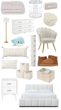 a collage of white furniture and accessories