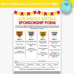 the lady pirate's softball sponsor form is shown in this printable file for $ 50